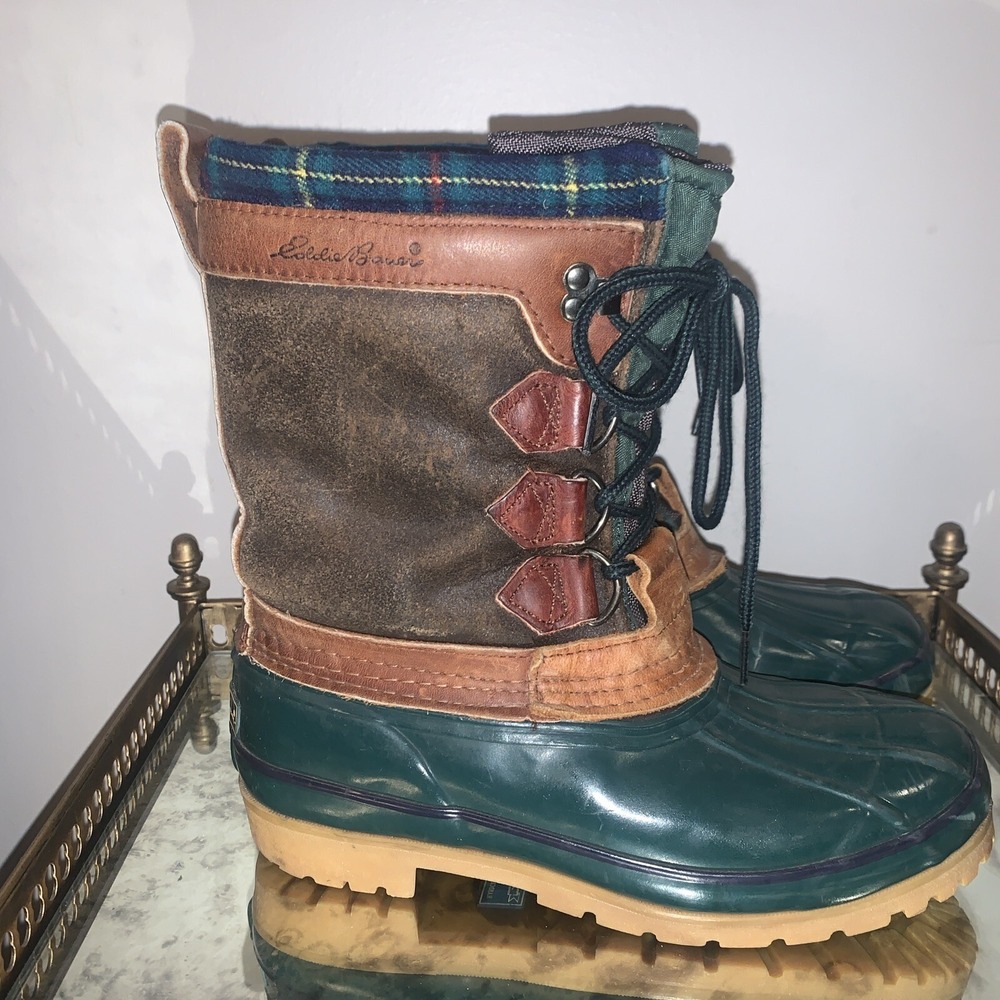 Eddie Bauer Boots Womens‎ 7 Green Fleece Snow Rain Leather Trim Tartan Duck
